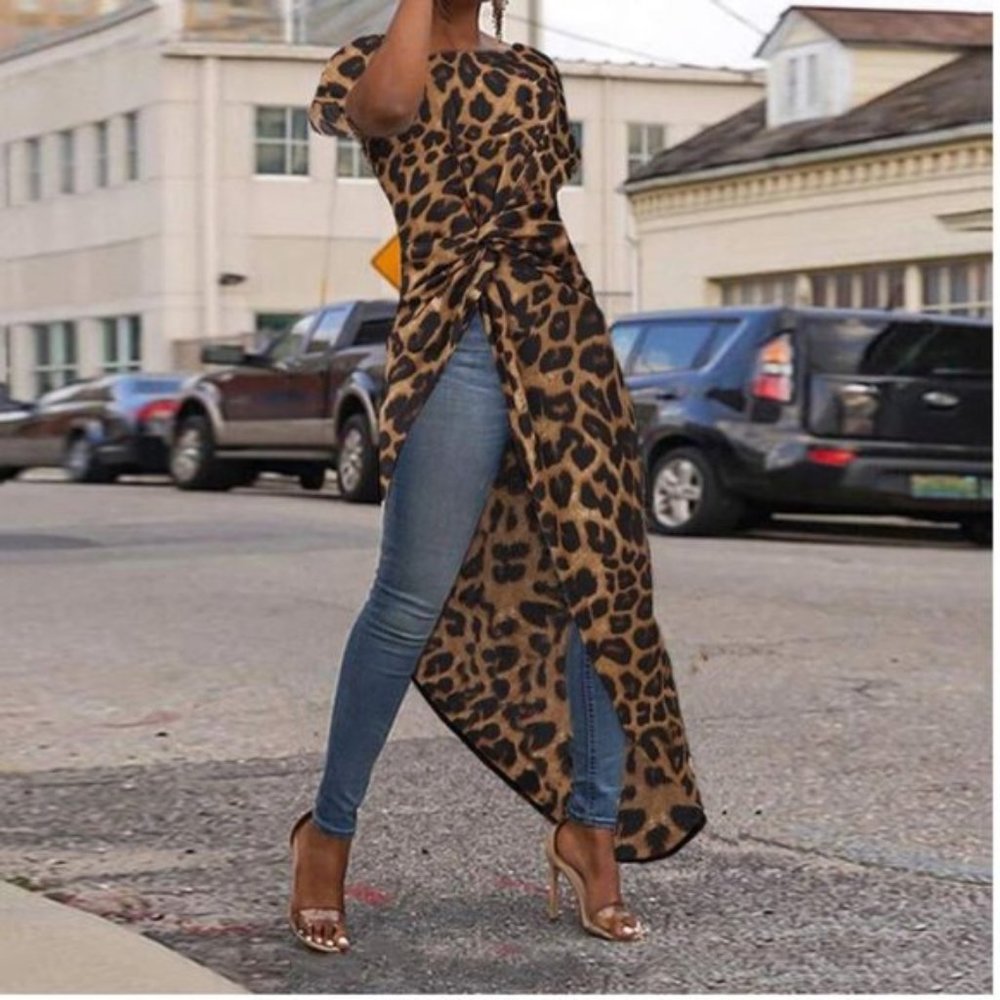 Brown Leopard Print Asymetrical Blouse